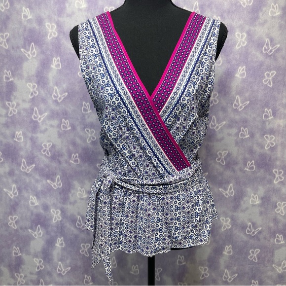 Max Studio Floral Faux Wrap Tie Waist B-Neck Top NWT Size M - Picture 1 of 4